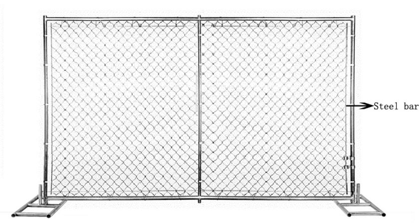 chain link temporary fence with one vertical brace in the middle and steel bars on all four sides.