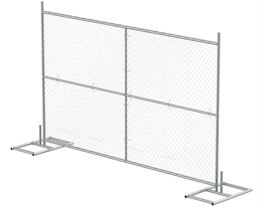 chain link temporary fence with one vertical brace and one horizontal brace in the middle and steel bars.