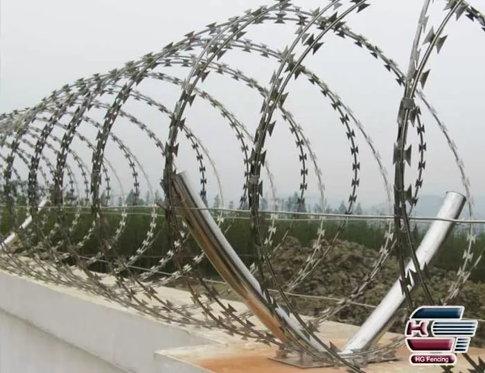 Concertina razor wire mounted on top of walls