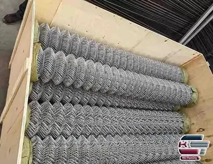 Galvanised chain link fence packed in a wooden box